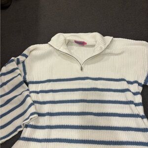 Edikted White and Blue Striped Turtleneck Sweater